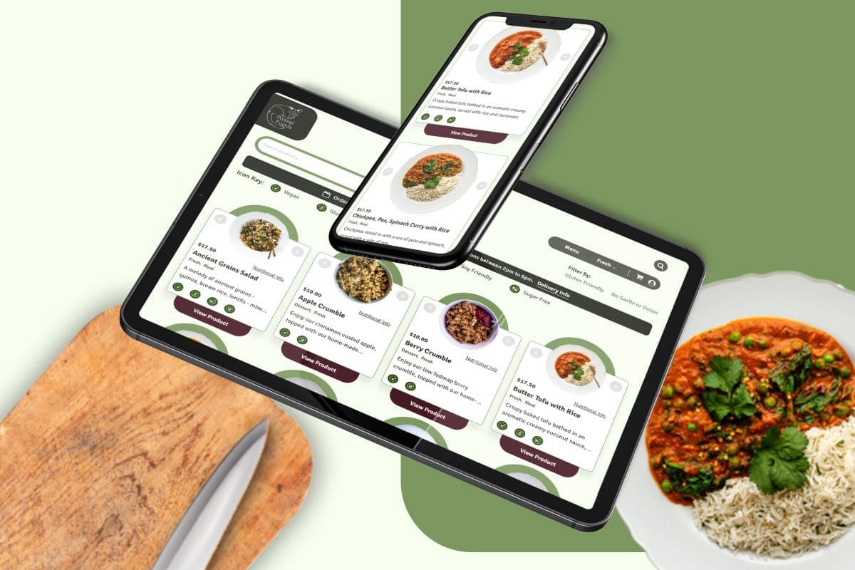 Passel Foods website shown on floating iphone and ipad. In the background there is a photo of one of their delicious curry and rice meals