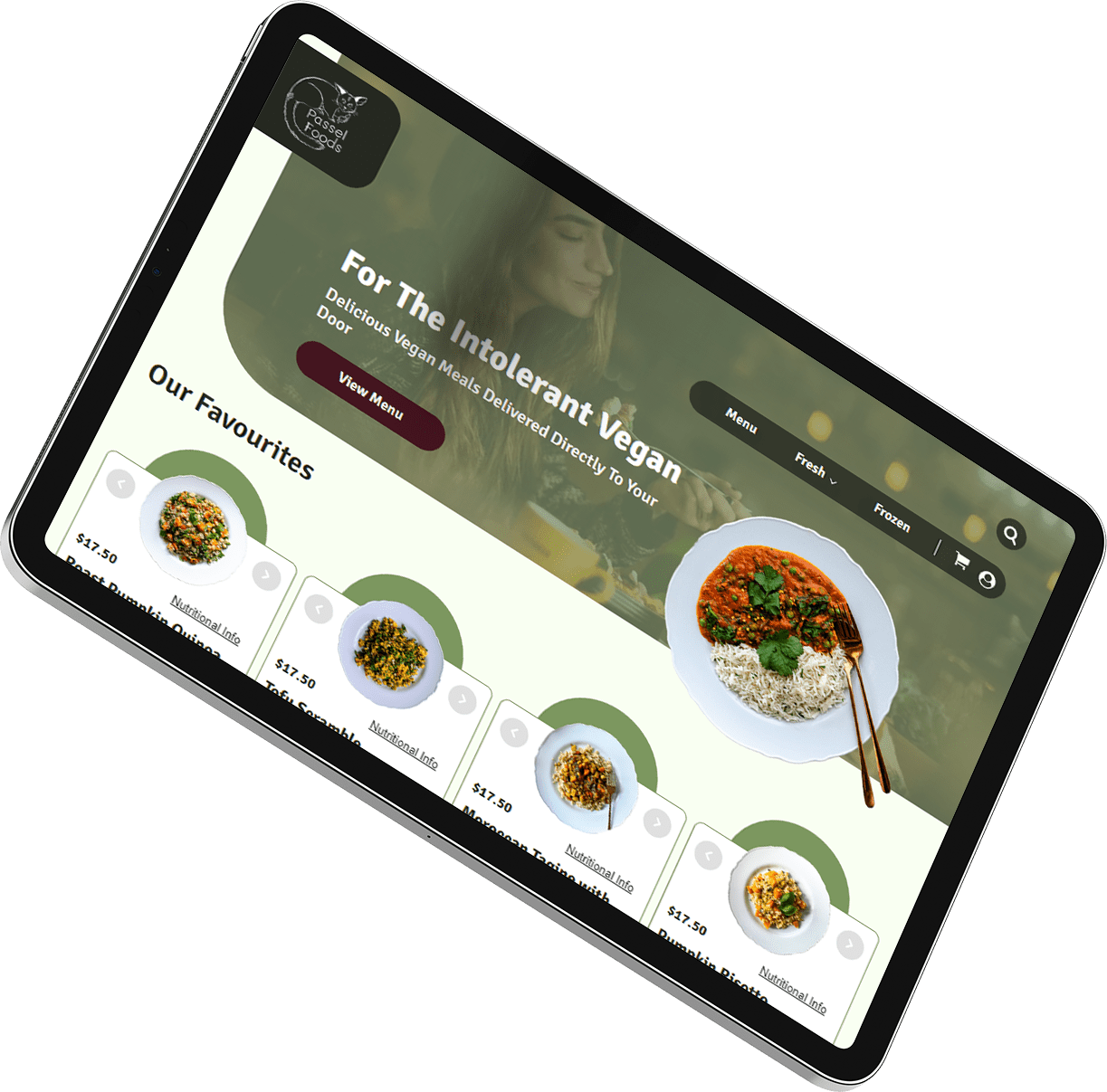 ipad from a perspective view showing Passel Foods Website